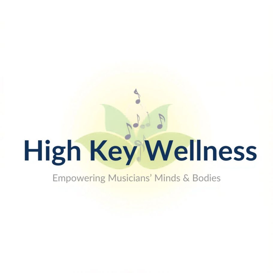 The Words "High Key Wellness" are written in Black lettering. The slogan "Empowering Musicians' Minds & Bodies" is below it. In the background, a green lotus flower with musical notation.
